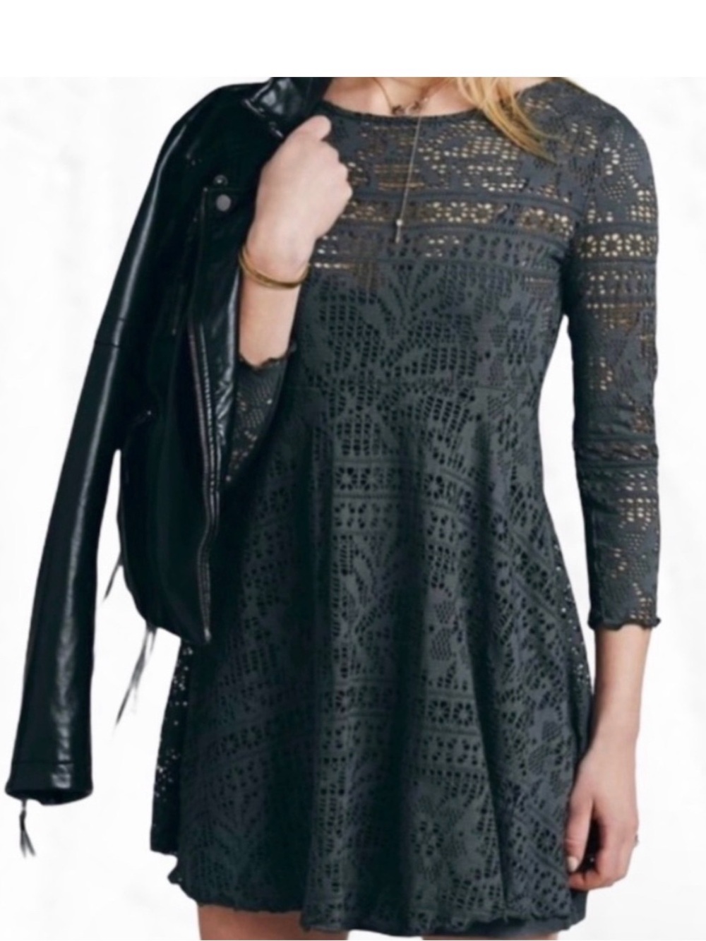 Free People Lace Fit & Flare Long Sleeve Dress in Charcoal woman’s small